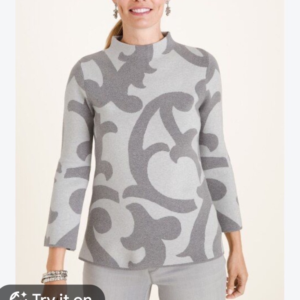 Chicos Grey Scroll Mock Neck Sweater Gold Zip Back Top 3/4 Sleeve Sz 2 large